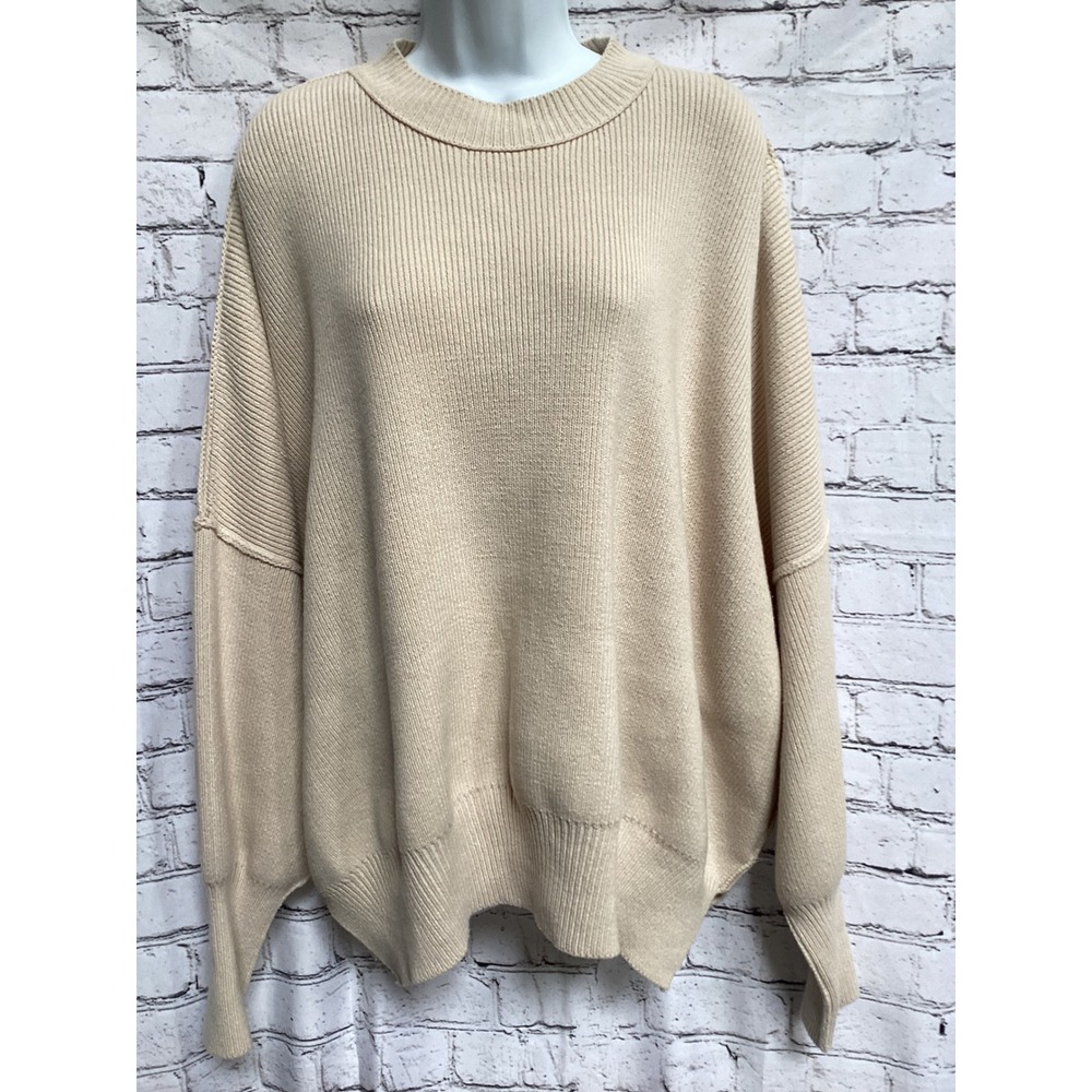 Free People Ottoman Slouchy Tunic Sweater Cream Beige Ribbed Knit Pullover Small